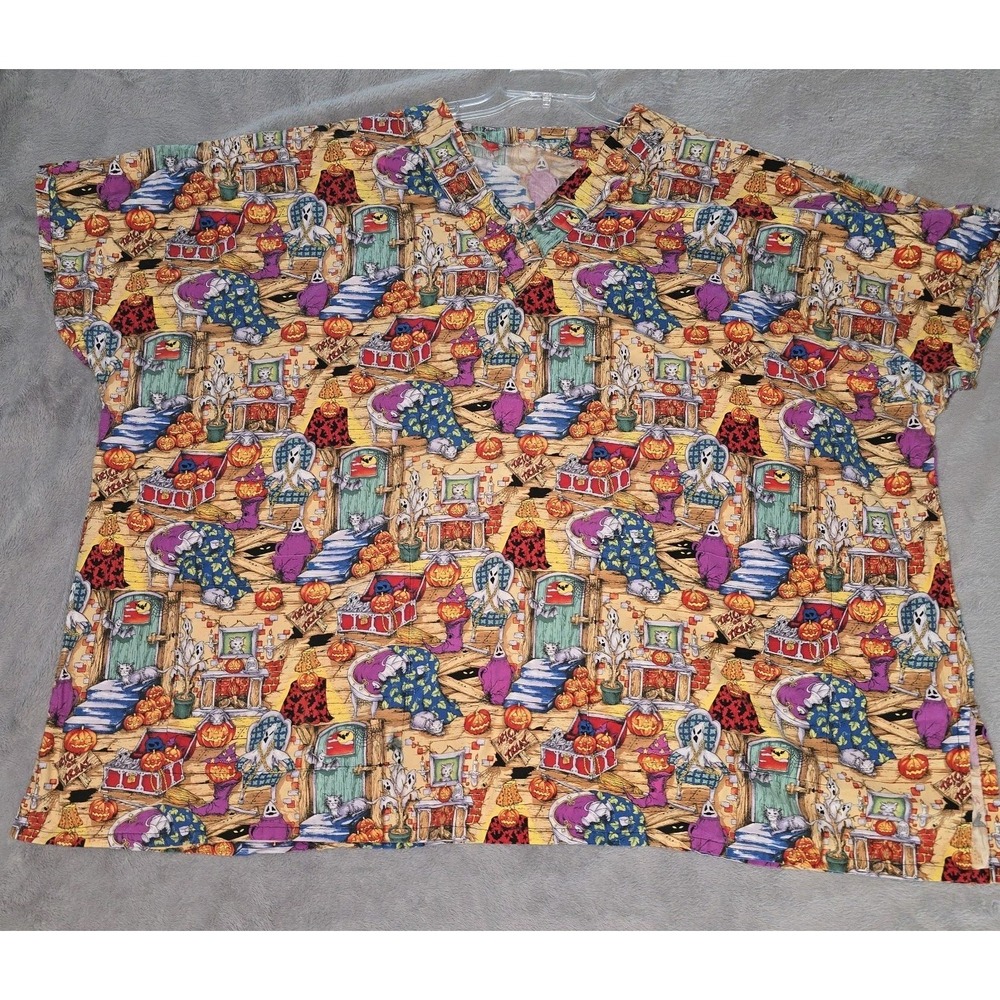 Womens Scrub Top Halloween Ghosts Pumpkins Short Sleeved Size 8XL 70 Inch Chest